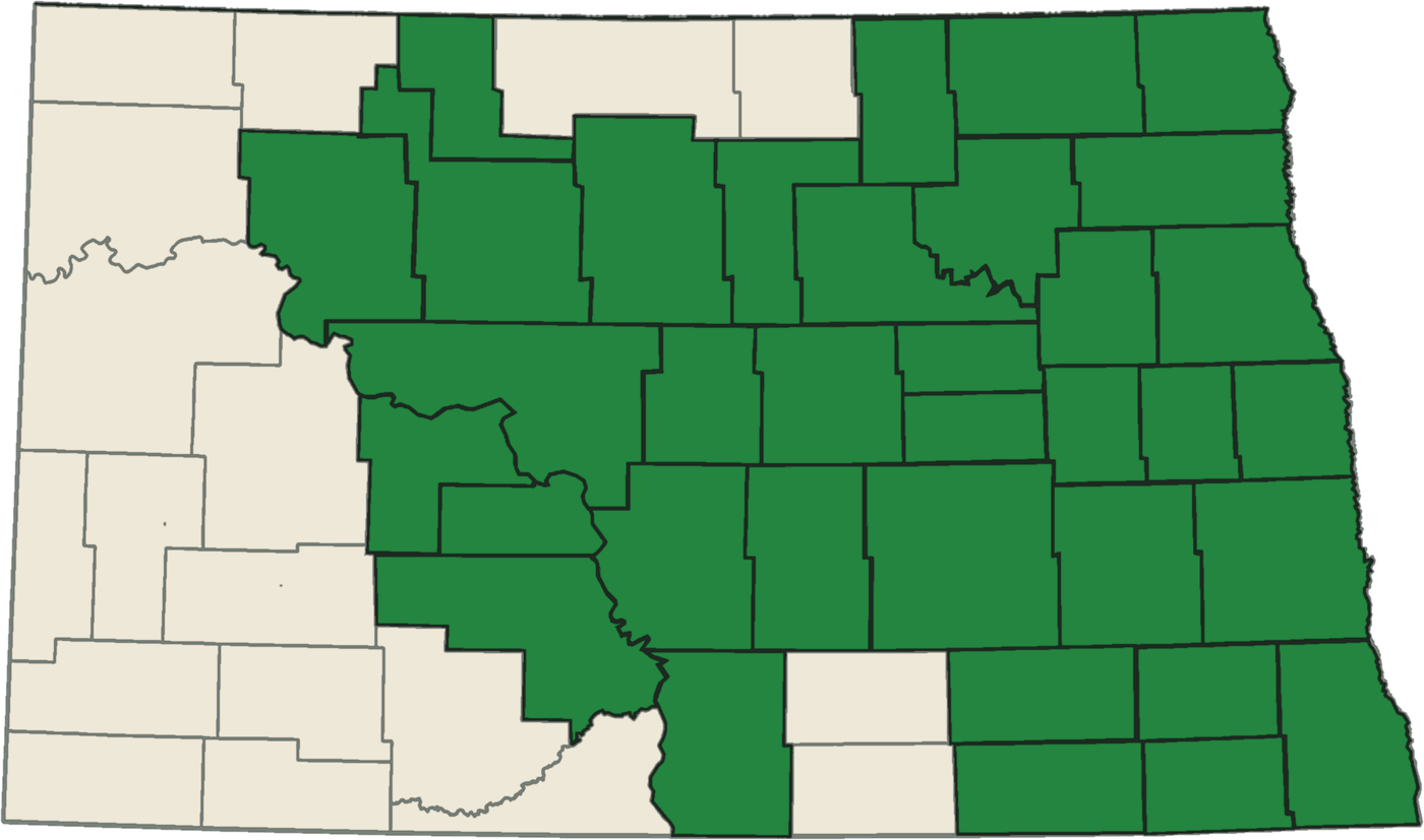 Map of North Dakota highlighting the 35 counties Dundee Mutual serves