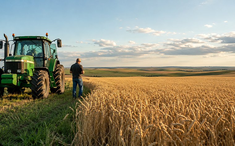 A farmer working beside his equipment in the field
